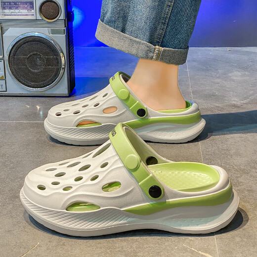Herren Sommer im Freien Anti-Rutsch-Anti-Odor-Bag-Toe-halbe Hausschuhe spüren Sport und Freizeit fahren Strand 2368 Weiß und Grün 40-41
