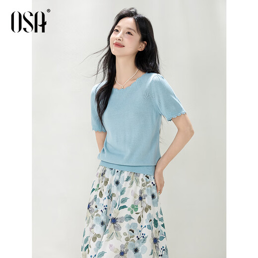 Osa handmade crochet sweater short-sleeved women's high-end summer thin 2025 high-end brand fashionable design top Blue S