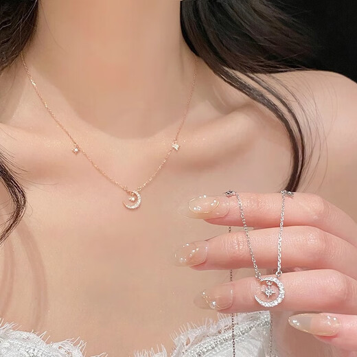 KZD Old Phoenix Pure Silver 9999 Moon Silver Necklace Accessories Women's Light Luxury Niche Style New Girlfriend's Birthday Moon Pure Silver Necklace Silver Lao Fengxiang Same Style Bow Gift Box/Certificate + Silver Polishing Cloth