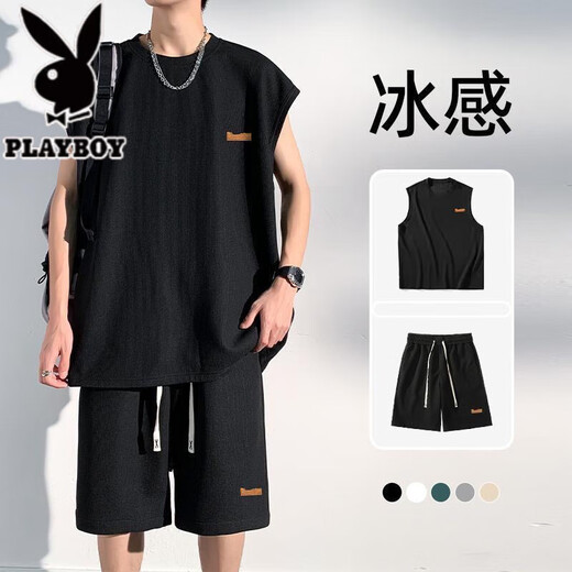 花花公子（PLAYBOY）无袖男士背心夏季冰丝凉感透气速干t恤健身跑步短裤短袖运动套装 白色套装【收藏加购优先发货】 XL 建议125-145斤