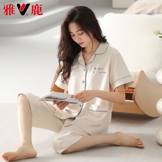 雅鹿轻奢新款睡衣女夏季薄款纯棉短袖七分裤家居服女士夏天可外穿套装 9898 2XL 【140-160斤】