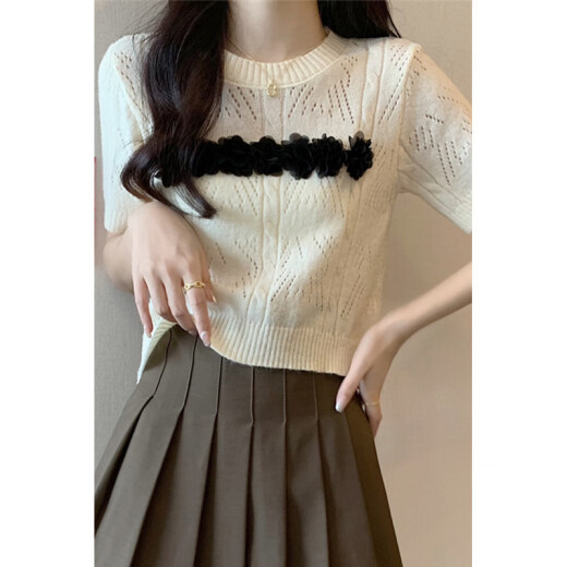 Hang Xindong Camiseta de hombro de manga corta para mujeres Sweter huecas de seda de seda de hielo de verano para mujeres Diseño de nicho de top 9767 único de albaricoque, un tamaño (70-125 Jin [Jin equivale a 0.5 kg] se puede usar)