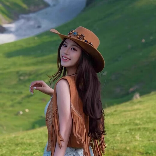 COSMICKISS ethnic style western cowboy hat women's summer Xinjiang Tibet western Sichuan travel wear mountaineering hat sun protection hat light brown color
