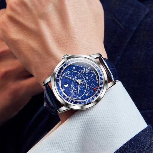 
OLEVS watch men's mechanical watch men's fully automatic waterproof brand luminous starry sky dial casual and versatile men's watch Li 9923G blue leather natural color starry sky blue face men 43.5mm dial diameter:
