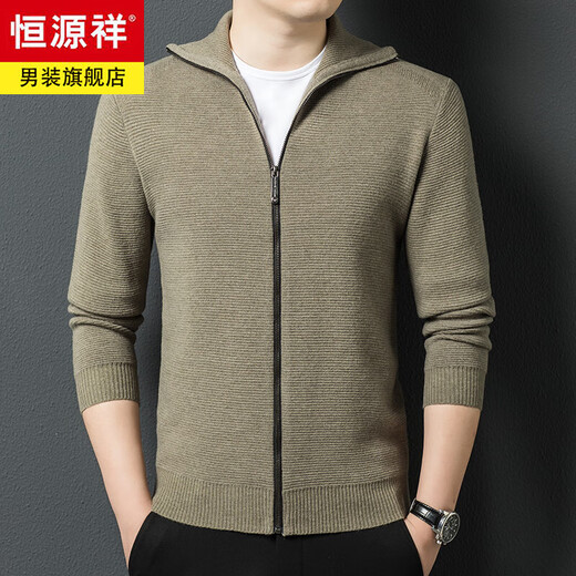 Hengyuanxiang high-end 100% wool sweater men's zipper jacket high collar thickened knitted cardigan autumn and winter casual men's sweater solid gray semi-worsted four-flat thickened 480g XL (180)