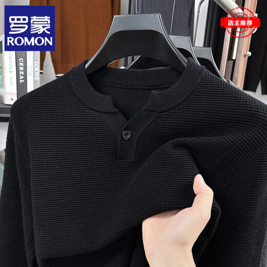 ROMON Henley collar knitted cotton long-sleeved T-shirt for men, spring and autumn casual, light and mature, simple solid color slim fit bottoming shirt top, dark gray - high-end brand M recommended 100-120Jin Jin equals 0.5 kg