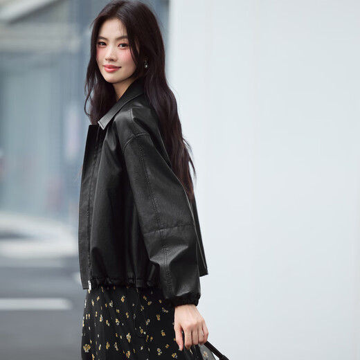 伊芙丽复古风宽松气质皮夹克短外套女新款百搭时髦外套女 黑色 预售[8月23日] S