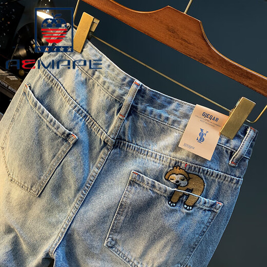 Aemape Apple Summer Shorts décontractés de grande taille de grande taille de Colon Pure Coton Five-partie Jeans Broderie Trendy Broide haut de gamme Bleu droit masculin [XY9922] 28 adapté au poids 95-108jin [Jin est égal à 0,5 kg]