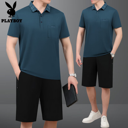 花花公子（PLAYBOY OUTDOOR）爸爸夏装冰丝短袖T恤运动套装男士夏季中老年父亲节休闲跑步套装 687-湖绿【短袖+短裤】 XL【120-140斤左右】