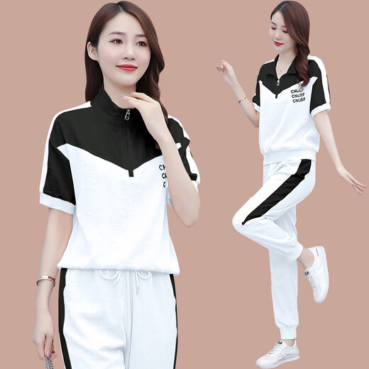 啄木鸟冰丝短袖时尚休闲运动服套装女2025夏季新款显瘦跑步服时尚两件套 【1389】黑色 L【建议100-110斤】