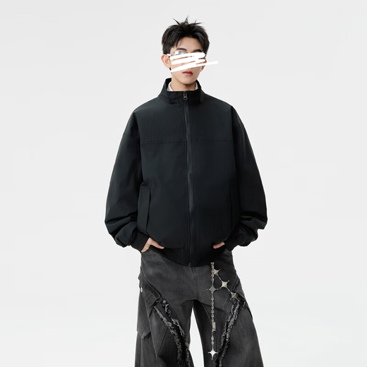 Homlean solid color jacket men's autumn versatile loose top stand collar fashion jacket casual versatile HK16 black L