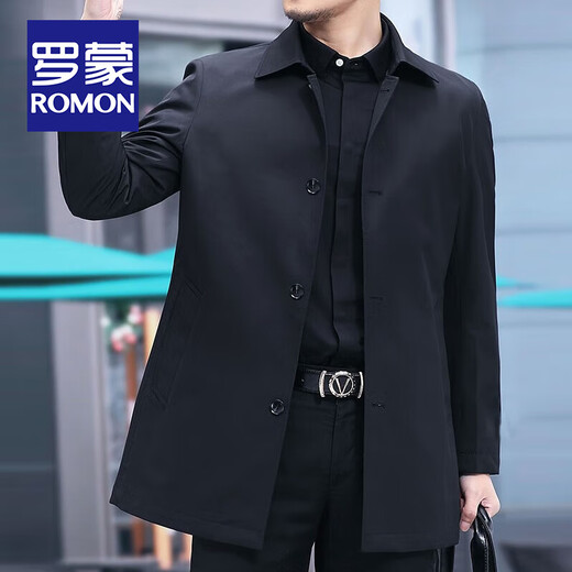ROMON high-end spring and autumn windbreaker men's mid-length British style business casual middle-aged mature and steady lapel jacket men's navy blue XL / size 180