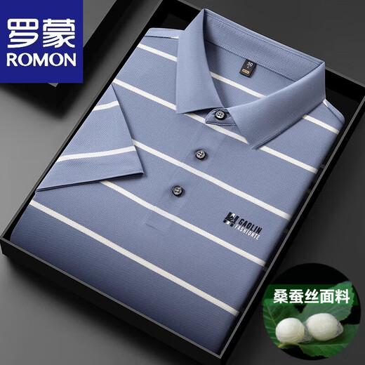 罗蒙（ROMON）高端桑蚕丝短袖t恤男士夏季2025新款中年爸爸装翻领条纹polo衫男 15100湖蓝 3XL 56【建议170-185斤】
