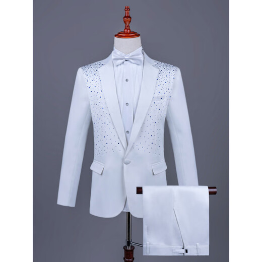 Kuosheng Men's Group Chorus Hot Loose Diamond Black and White Suit Stage Performance Singer Host Anchor Dress Performance Emcee Suit Black White Diamond-Coat + Bow Tie 3XL