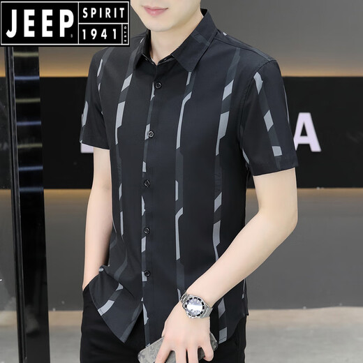 Jeep Spirit New 2025 Sommer Herren kurzärmeliges Hemd Trendy hübsches Eis Silk Zentimeter Dünnes kühles Hemd 7027 Black M 90-110Jin [Jin gleich 0,5 kg]