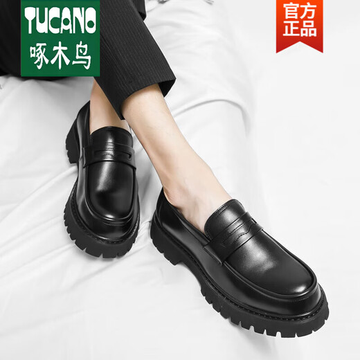 啄木鸟一脚蹬男士乐福鞋2025年新款男鞋增高厚底亮面潮流皮鞋懒人豆豆鞋 3518黑色 单层 38