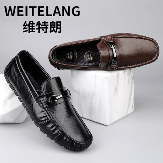 WEITELANG维特朗2025新款男士豆豆鞋软底耐磨透气驾车鞋休闲皮鞋男一脚蹬懒人 MT9921黑色 38