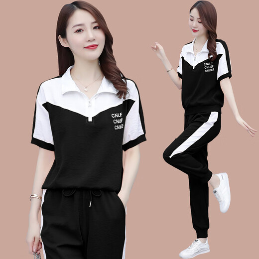 啄木鸟冰丝短袖时尚休闲运动服套装女2025夏季新款显瘦跑步服时尚两件套 【1389】黑色 L【建议100-110斤】