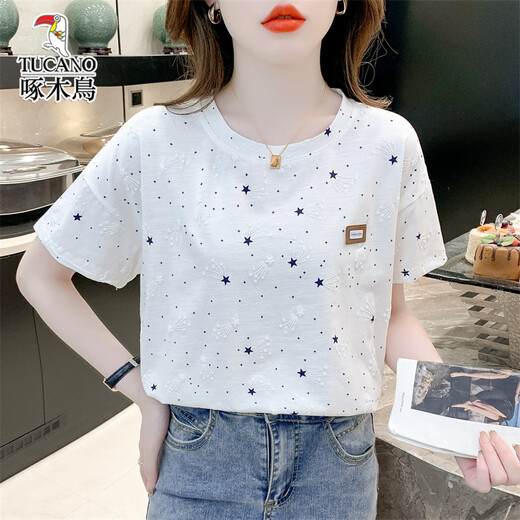 啄木鸟纯棉宽松印花T恤女潮夏装新款百搭体恤上衣 1396白色+5002粉色花 XL 适合120-134斤