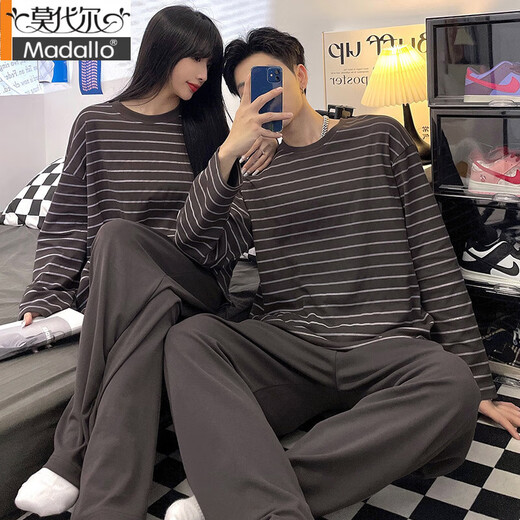 莫代尔情侣睡衣春秋季新款长袖纯棉男女士休闲高级感条纹家居服两件套装 #XF-15568 M 女[75-100]斤