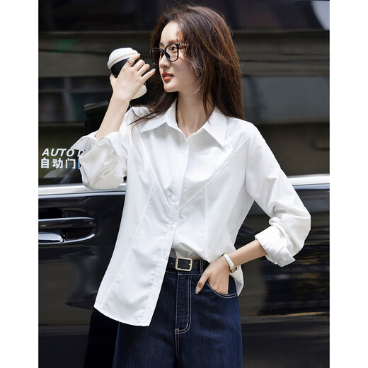 Demana Commuting Comfort Zone Autumn minimalist style lapel shirt design stitching vertical cut flesh-covering shirt women's tops
