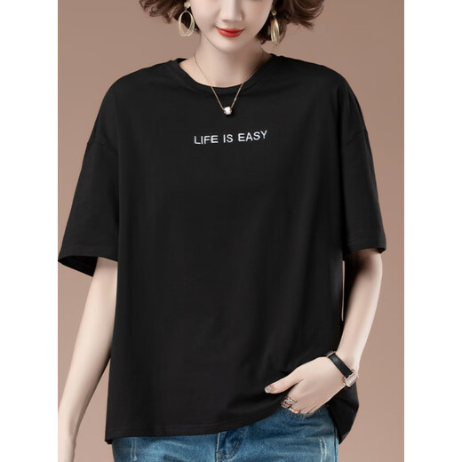 Beiyao 50-year-old women's short-sleeved T-shirt pure cotton plus fat plus size summer loose embroidered middle-aged mother casual top 9889 black L 100-115Jin [Jin equals 0.5 kg]