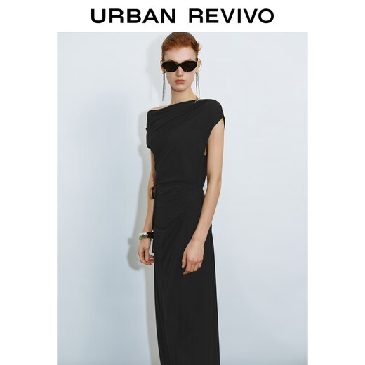 UR[HOT]2025 autumn new women's clothing style thin belt off-shoulder collar dress UWG750210 black M