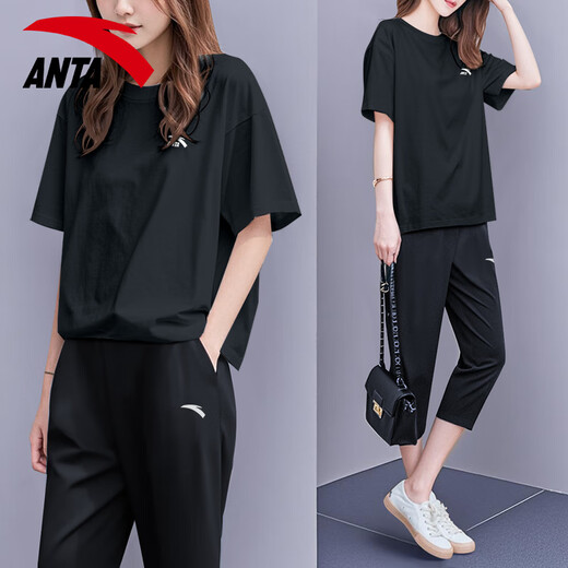 安踏短袖套装女夏季宽松显瘦半袖t恤女士休闲两件套洋气运动套装 -5悠草绿【男女同款】 XS/160 【女生建议拍小一码】