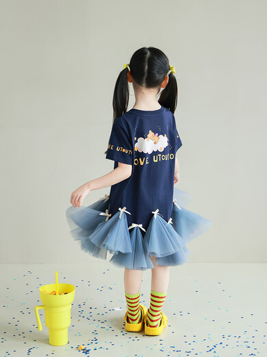 UTOUTOutouto Big Ear Elephant Girls Printed T-shirt Spliced Mesh Skirt 2025 Summer New Children's T-Skirt Deep Tibetan Blue Pre-sale Second Batch Around Mid-early May cm6 150