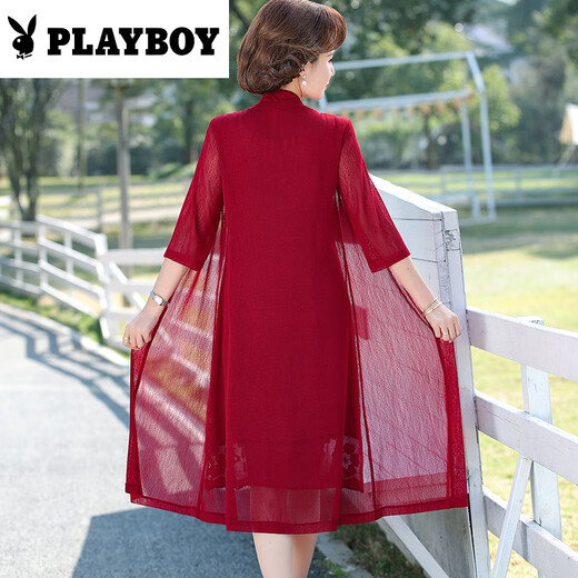 花花公子（PLAYBOY）香云纱中老年女装夏季新款连衣裙妈妈装遮肉显瘦洋气假两件裙子 绿色 9227款裙 2XL 建议105-118斤