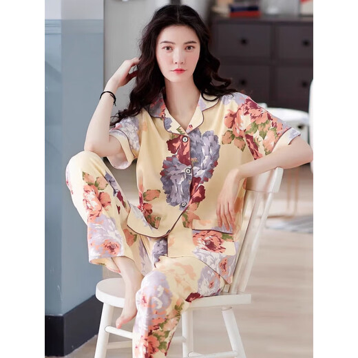 浪莎（LangSha）2025年新款睡衣女士夏季短袖长裤妈妈大码家居服夏天薄款可外穿 Q9923 XL [建议120-140斤]