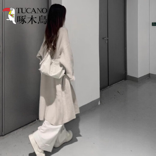 Woodpecker (TUCANO) 2025 early autumn new long over-knee sweater jacket knitted cardigan for women in autumn and winter Korean lazy style coat Apricot color S recommended 75-95Jin [Jin equals 0.5 kg]