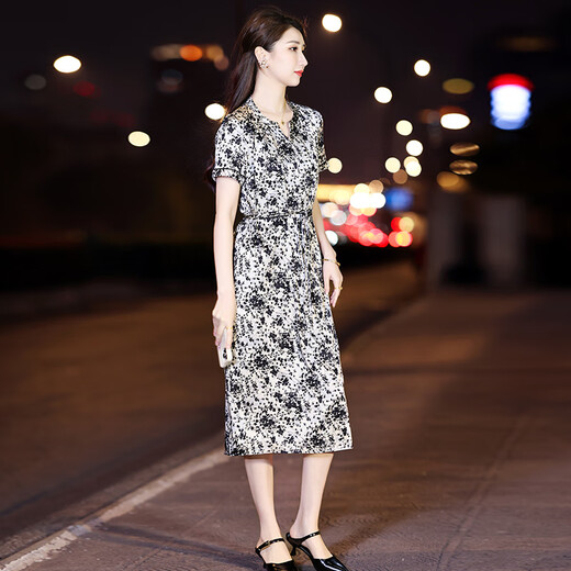 Homesee overseas light luxury high-end dress printed silk dress for women short-sleeved mid-length version temperament waist-hugging mulberry silk skirt picture color 2XL 121-130Jin [Jin equals 0.5 kg]