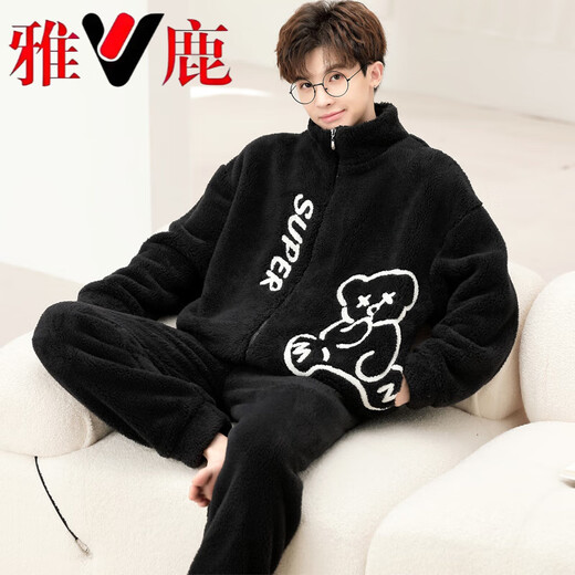雅鹿珊瑚绒睡衣男士秋冬款加绒加厚青少年加大码法兰绒家居服套装冬季 XQ绒9928 M [小码L]]建议身高163C左右，体