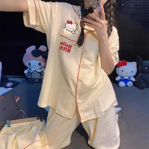 ZIPJBX可爱凯蒂猫三件套装睡衣女夏季ins薄款短袖休闲家居服可外穿 套WZL1483【三件套装】 M 【建议80-100斤】