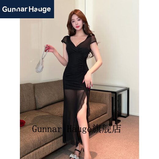 
Gunnar Hauge foot massage foot bath work clothes soft technician massage spa long skirt sexy mesh slit dress women 9276# black S