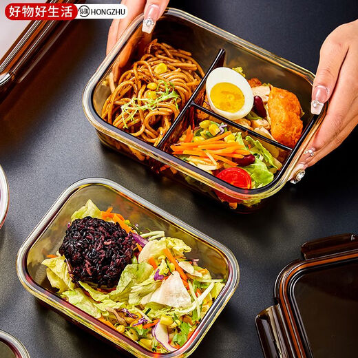 乐扣乐扣玻璃饭盒微波炉加热专用碗上班族带饭便当餐盒水果密封分隔保鲜盒 (三件套装)长三隔1050ml+长700ml