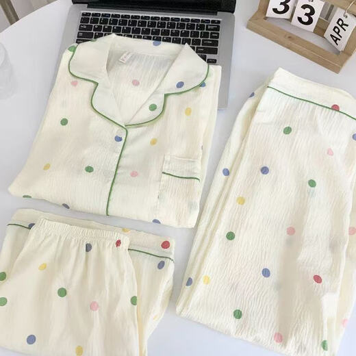Victoria's style 2025 new pajamas for women in summer cloud cotton teenagers thin short-sleeved trousers for three-piece suit 9922# cloud cotton 3-piece suit M