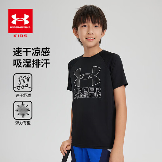 Under Armor children's clothing, children's short-sleeved round neck top, summer style for boys and girls, knitted moisture-absorbent outdoor sports quick-drying T-shirt, black 140, the size is small, please take one size larger as normal