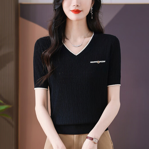 雅鹿冰丝t恤女短袖夏季2025新款洋气妈妈V领针织上衣薄款鸡心领T体恤 米色(9195款) 2XL