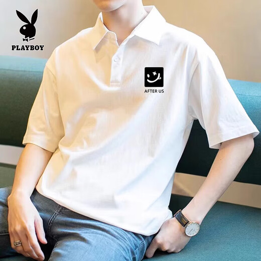 Playboy (Playboy) American Retro Herren-Polo-Hemd kurzärmelig lose, vielseitiges Lapel-T-Shirt 2025 Sommer Pure Baumwoll halbärmelte Top [3895-Wasp] White M 85-110jin [Jin gleich 0,5 kg]