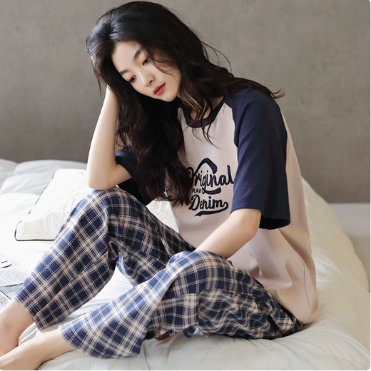 莫代尔睡衣女夏季新疆棉纯棉薄款短袖长裤两件套装春秋韩版可外穿家居服 YD7371(主图) XL (170) 建议体重120-140