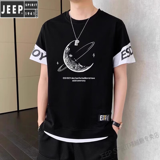 Jeep Spirit Fashion Brand Faux T-shirt T-shirt Men's Men's Summer Breathable Texture Outdoor Tendance nationale Tendage mince Coton Casual Top 9196 Black M [85-105Jin [Jin est égal à 0,5 kg]]