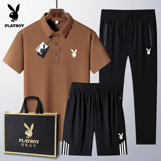 Playboy (Playboy) Daddy Ice Silk Manga Shorty Polo. Camisa Summer Sports informales para hombres de mediana edad Conjunto de deportes del padre 6629 Styles-Brown Green [set de 3 piezas] M Wear 95-110Jin [Jin equivale a 0.5 kg]