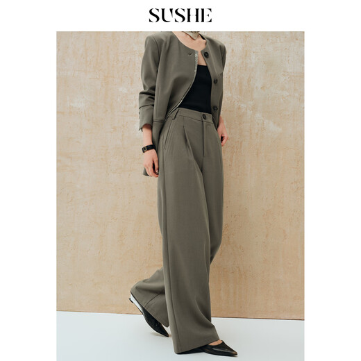 SUSHE Gold Jacquard Contrast Color Collarless Suit Jacket High Waist Cut Drape Suit Comet Green - Pants M