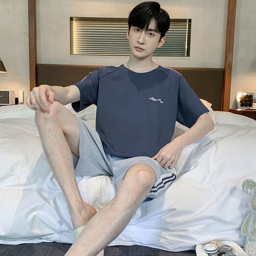 
Mu Fengqing summer men's pajamas cotton plus fat plus size new men's summer home clothes short-sleeved youth Korean style thin half-sleeved 9928# [short-sleeved shorts] L [90-125Jin [Jin equals 0.5 kg]]