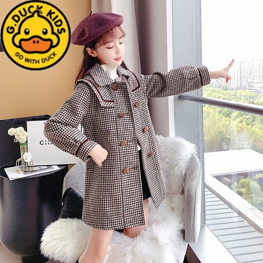 G.Duckkids Girls Woolen Poat осень и зима 2024 г. Новая детская средняя длина хлопка сгущенной корейской версией новой куртки для девочек Houndstooth Matte Cotton 150 (подходит для высоты 140-150 см)