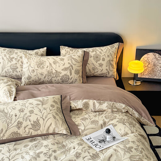 Light luxury 100-count thickened cotton brushed four-piece set pure cotton autumn and winter warm bed sheet quilt cover and fitted sheet three-piece set, rich in love, skin-friendly and soft, 1.8m bed sheet four-piece set