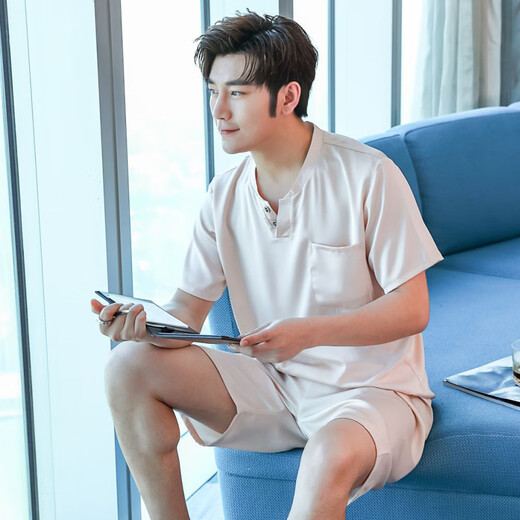 ZIPJBX夏季仿真丝睡衣男士夏款短袖短裤套头薄款冰丝绸男款休闲家居服套 开衫款9864-灰蓝色 L (100-125斤)