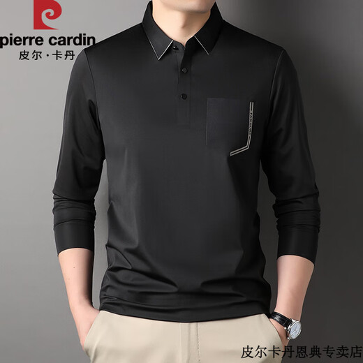 皮尔卡丹夏季桑蚕丝无痕t恤男士长袖翻领polo.衫凉感有口袋兜中年体恤爸爸 灰色-7036 L 170 建议120-135斤拍
